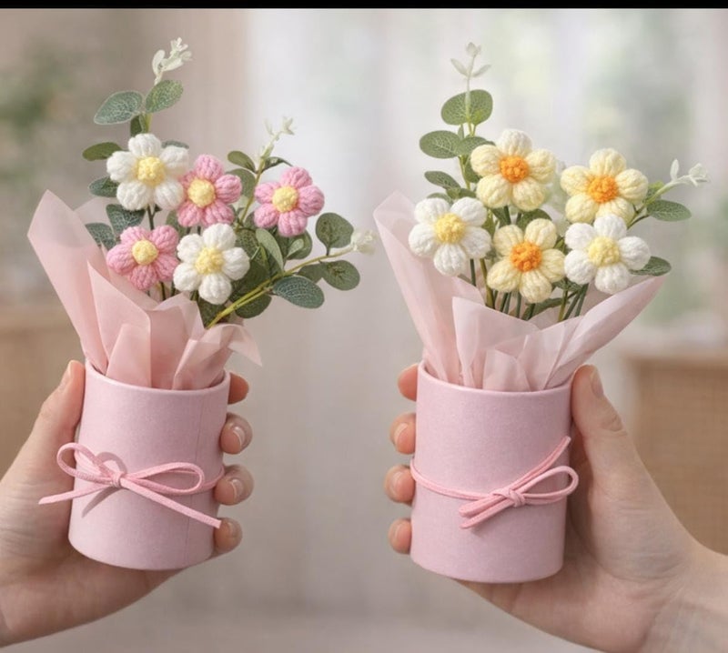 VRB Dec 2 pcs Artificial Crochet Flower Bouquet/Artificial Flowers Bunch/Crochet Flower/Flowers Bouquet Gift for Girls Home Decor,Gifting,etc. (2 Pcs Pink & Yellow Daisy Bouquet) - Image 1