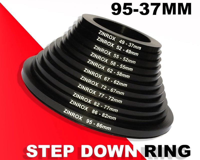 ZINROX® Stepping Down ' Made in India', Aluminium, Set of 11pcs, (95-37mm), Sizes: 49-37mm, 52-49mm, 55-52mm, 58-55mm, 62-58mm, 67-62mm, 72-67mm, 77-72mm, 82-77mm, 86-82mm, 95-86mm,- Step Down Ring - Image 4