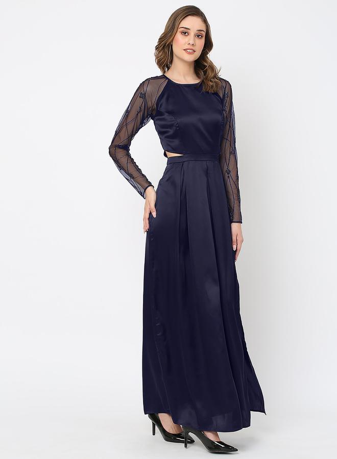 ميش فستان طويل بأكمام طويلة مزينة بالخرز - Image 3