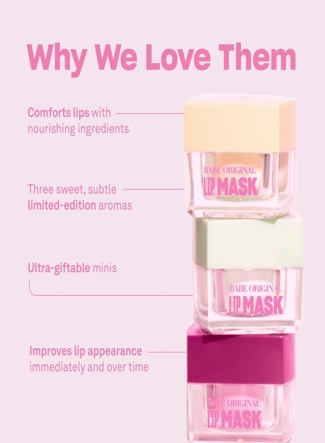 بابي اوريجينال مجموعة BABE ORIGINAL Minis Mask Lip Mask Trio، ثلاث قطع، قناع ليلي للشفاه الجافة | برائحة الفانيليا المثلجة والنعناع الحلو والبرقوق السكري | غني بفيتامين E وزيت الروشب وحمض الهيالورونيك لشفاه أكثر نعومة وترطيباً - Image 5