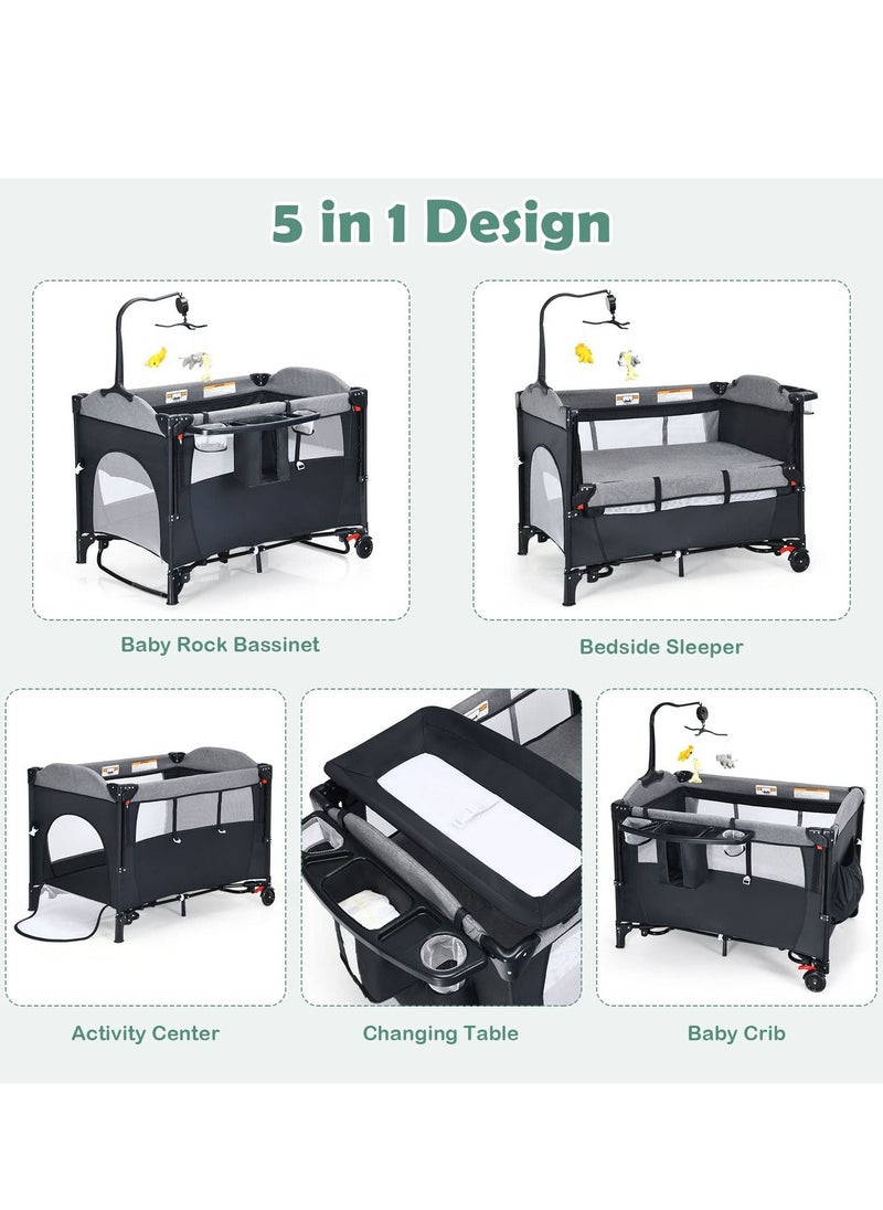 XiuWoo - Portable Baby Playard, 5-in-1 Pack and Play, Baby Bedside Sleeper with Bassinet, Multifunction Bedside Crib from Newborn to Toddlers, U-Shaped Diaper Changer, Playard, Safety Strap, Luxury Mosquito Ne - Image 1