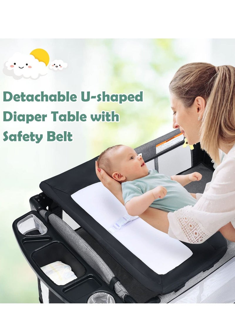 XiuWoo - Portable Baby Playard, 5-in-1 Pack and Play, Baby Bedside Sleeper with Bassinet, Multifunction Bedside Crib from Newborn to Toddlers, U-Shaped Diaper Changer, Playard, Safety Strap, Luxury Mosquito Ne - Image 1