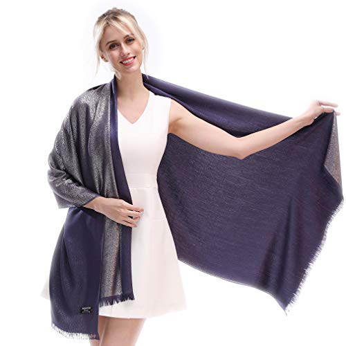 LMVERNA Women Glitter Shimmer Tassel Reversible Pashmina Shawls and Wraps Stole Scarf(Navy-Silver) - Image 1