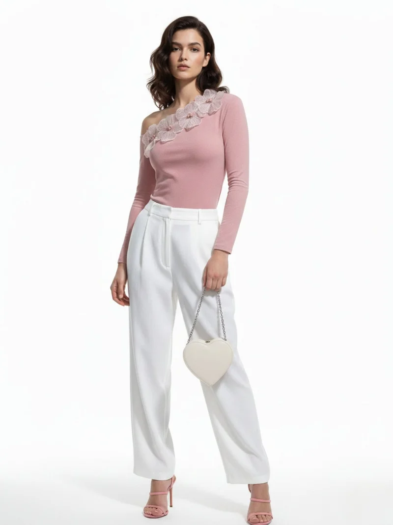 Outzidr Pink Pink Off-Shoulder Top With Floral Embellishments for Women | Best Price UAE