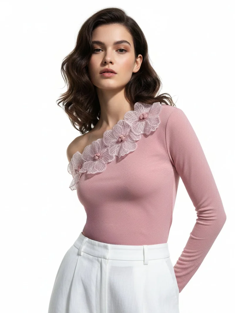 Outzidr Pink Pink Off-Shoulder Top With Floral Embellishments for Women | Best Price UAE