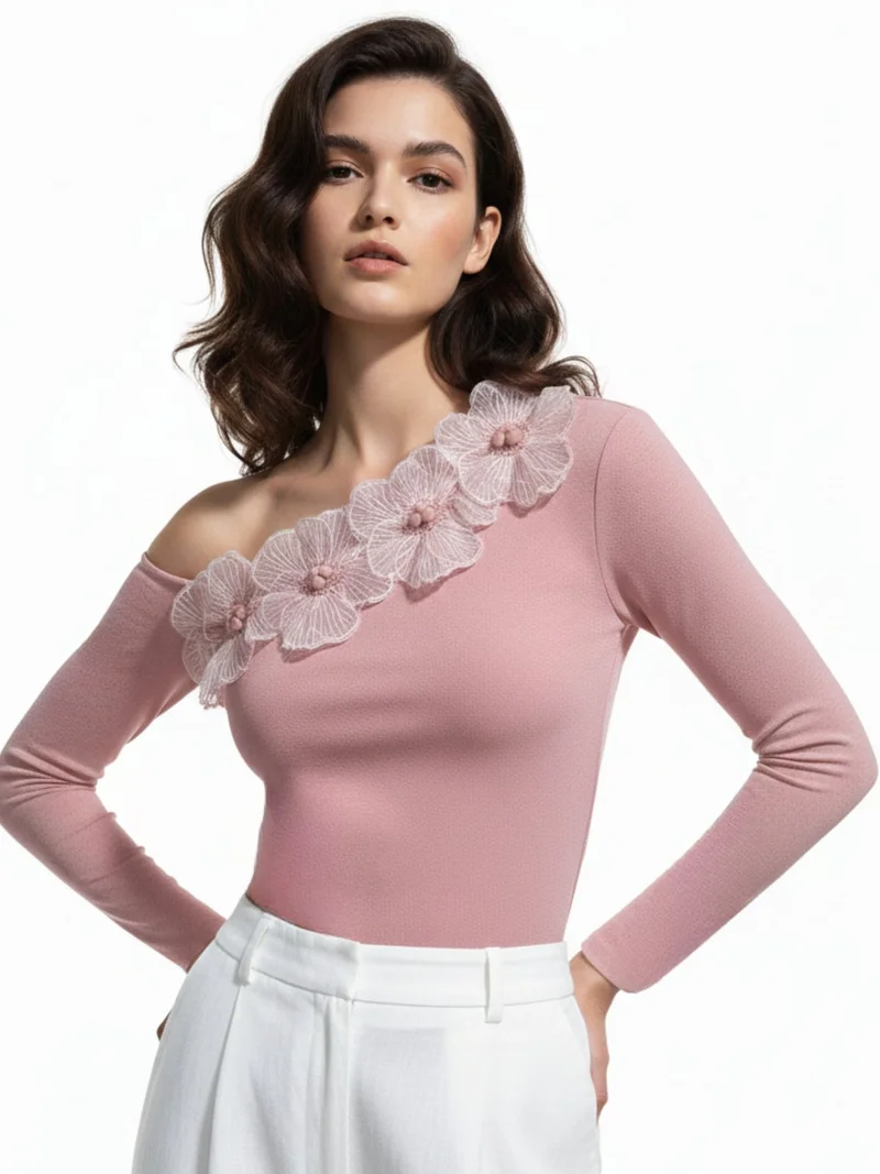 Pink Off-Shoulder Top With Floral Embellishments