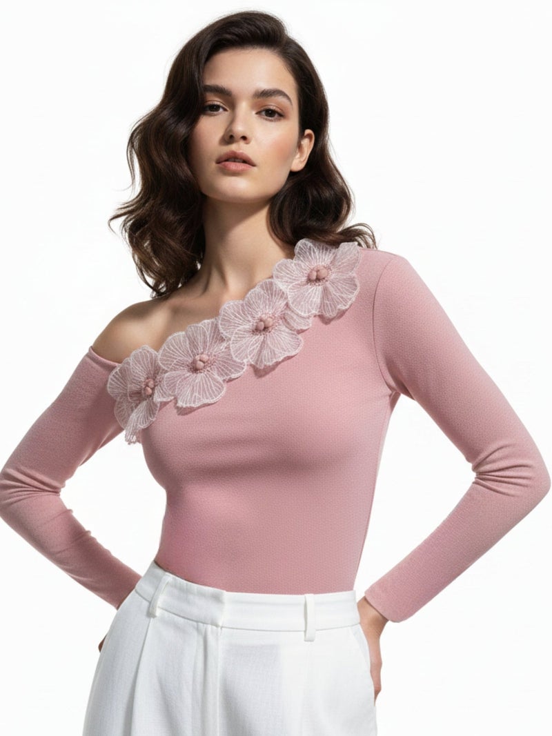OUTZIDR Pink Off-Shoulder Top With Floral Embellishments - Image 1