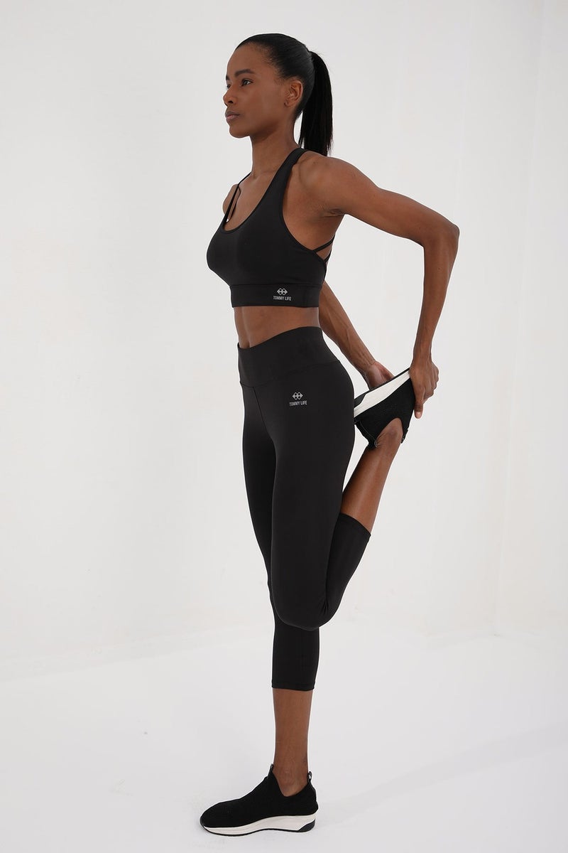 Tommy Life Black Women's High Waist Slimming Cross Back Detailed Sports Bustier-Capri Leggings Set - 95283  - Image 2