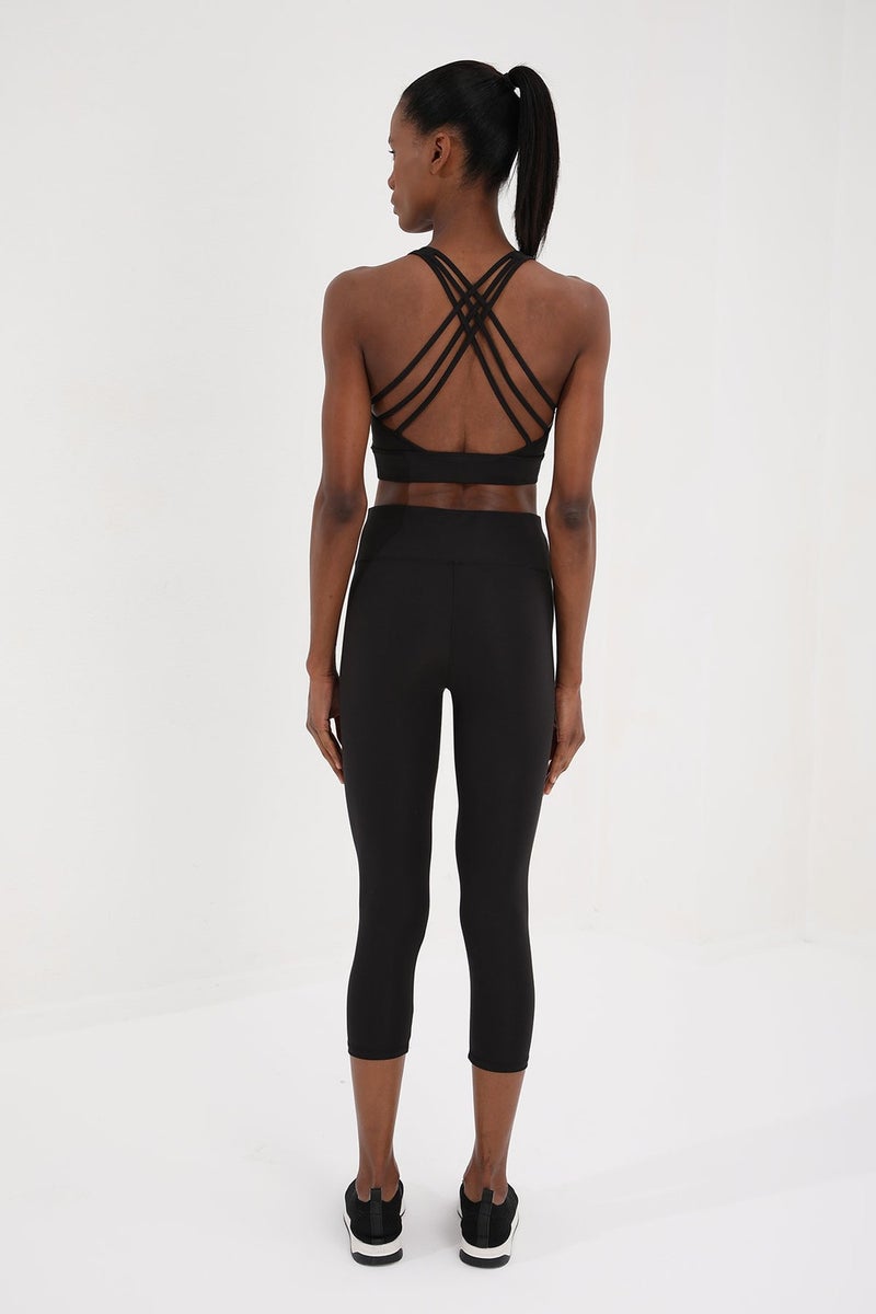 Tommy Life Black Women's High Waist Slimming Cross Back Detailed Sports Bustier-Capri Leggings Set - 95283  - Image 3