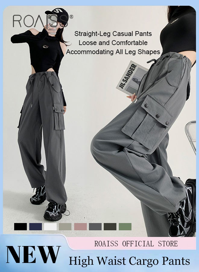 roaiss Women Straight Leg Cargo Pants High Waisted Design Waist Cinching Cut Casual Straight Leg Trousers Versatile and Stylish for Casual Wear Flattering for All Leg Types - Image 1