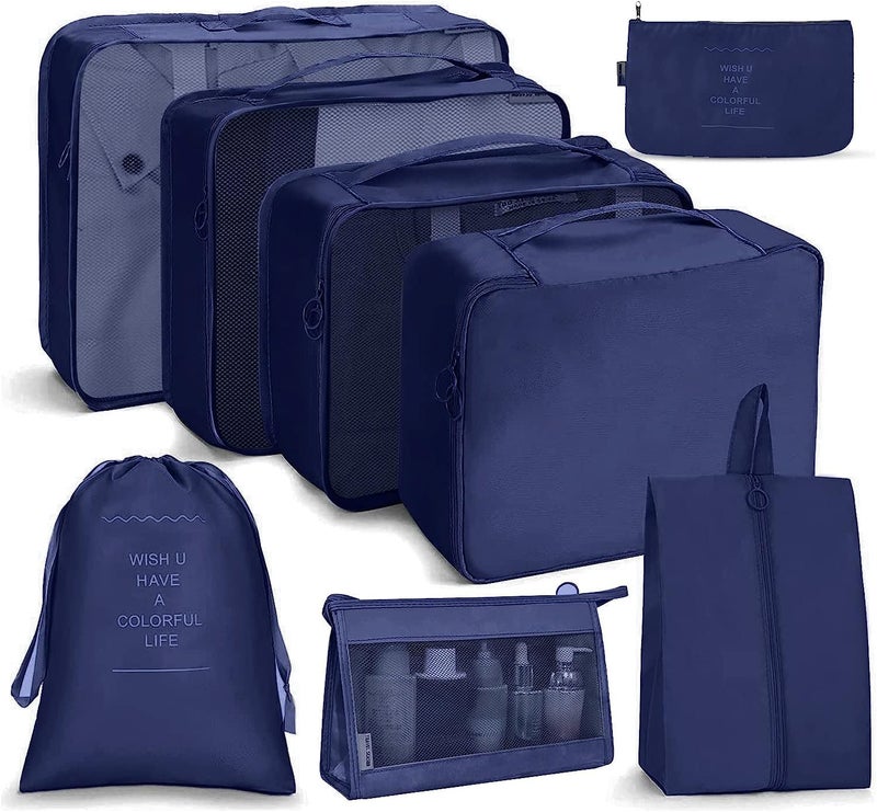Oceanevo 8 Pcs Packing Cubes for Travel, Travel Organizer Bags for Luggage, Suitcase with Toiletry Pouch and Shoe Bag - Set of 8 - Navy Blue, Mesh - Image 1