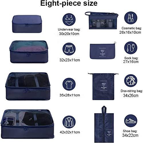 Oceanevo 8 Pcs Packing Cubes for Travel, Travel Organizer Bags for Luggage, Suitcase with Toiletry Pouch and Shoe Bag - Set of 8 - Navy Blue, Mesh - Image 2