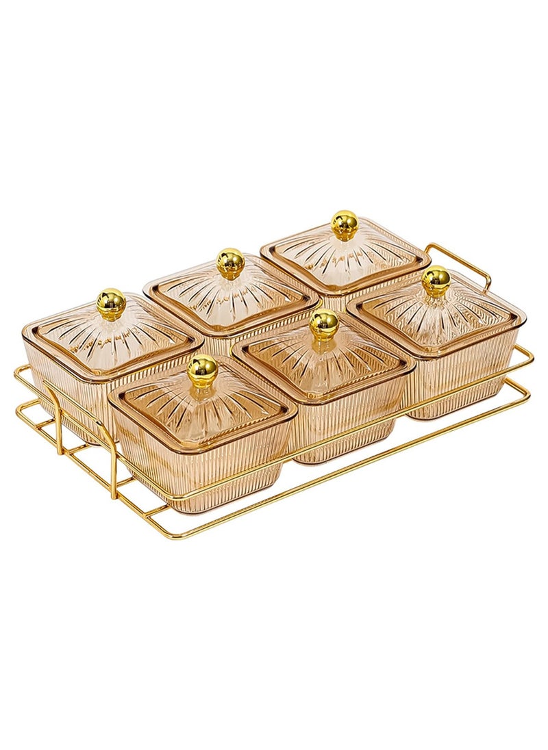Folanry 6 Pieces Snack Serving Tray with Lid,Multipurpose Light Luxury Fruits and Snack Storage Bowls,Divided Serving Dishes ,Clear Candy Nut Serving Container Set with Metal Rack Serving Bowls for Candy, Fruits, Nuts Portable Snack Platters Storage Box  - Image 1