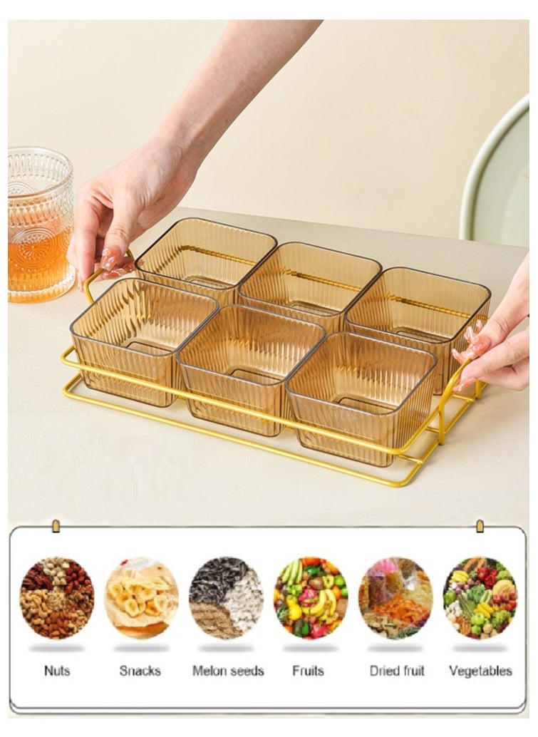 Folanry 6 Pieces Snack Serving Tray with Lid,Multipurpose Light Luxury Fruits and Snack Storage Bowls,Divided Serving Dishes ,Clear Candy Nut Serving Container Set with Metal Rack Serving Bowls for Candy, Fruits, Nuts Portable Snack Platters Storage Box  - Image 2