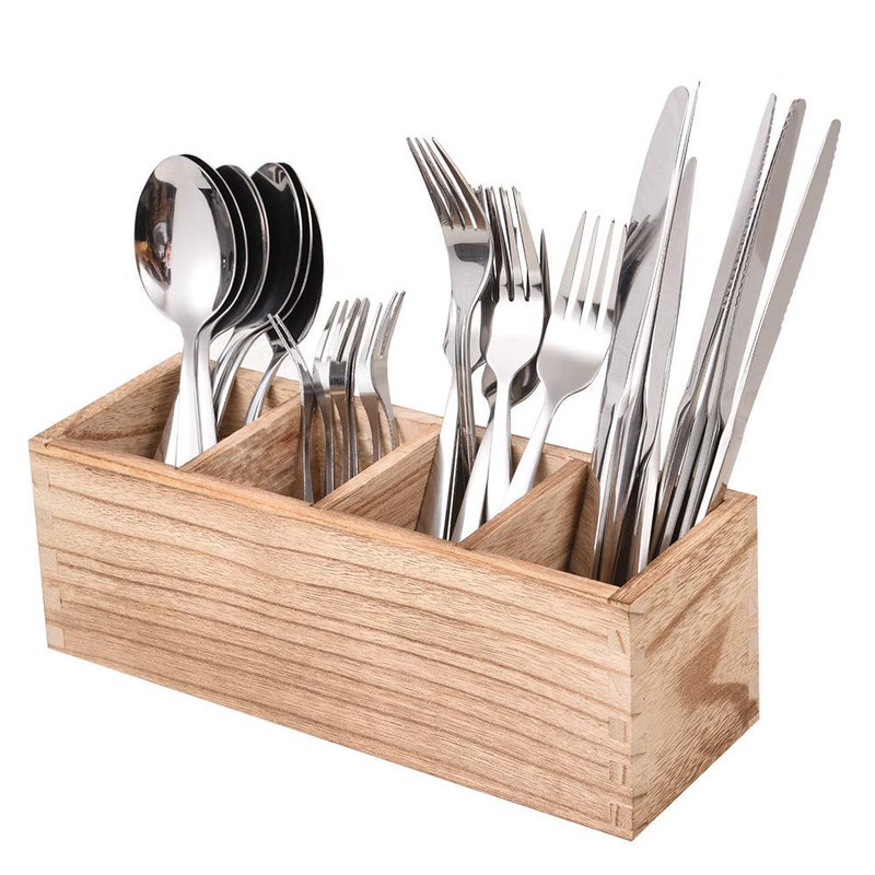 WuGeShop Wood Cutlery Caddy, Kitchen Utensil Organizer with 4 Compartments, Silverware Storage Kitchen Countertop Flatware Organizer - Image 2