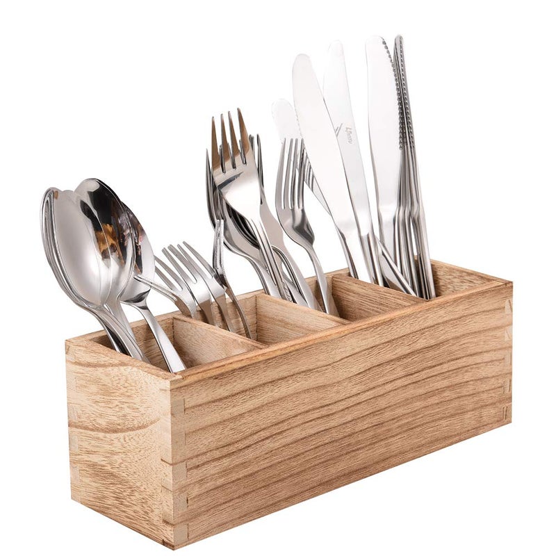WuGeShop Wood Cutlery Caddy, Kitchen Utensil Organizer with 4 Compartments, Silverware Storage Kitchen Countertop Flatware Organizer - Image 1