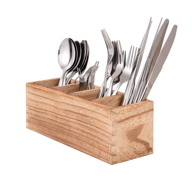 WuGeShop Wood Cutlery Caddy, Kitchen Utensil Organizer with 4 Compartments, Silverware Storage Kitchen Countertop Flatware Organizer - Image 5