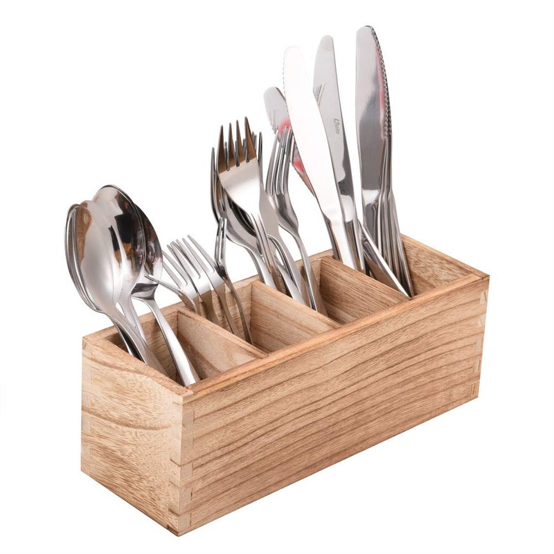 WuGeShop Wood Cutlery Caddy, Kitchen Utensil Organizer with 4 Compartments, Silverware Storage Kitchen Countertop Flatware Organizer - Image 4
