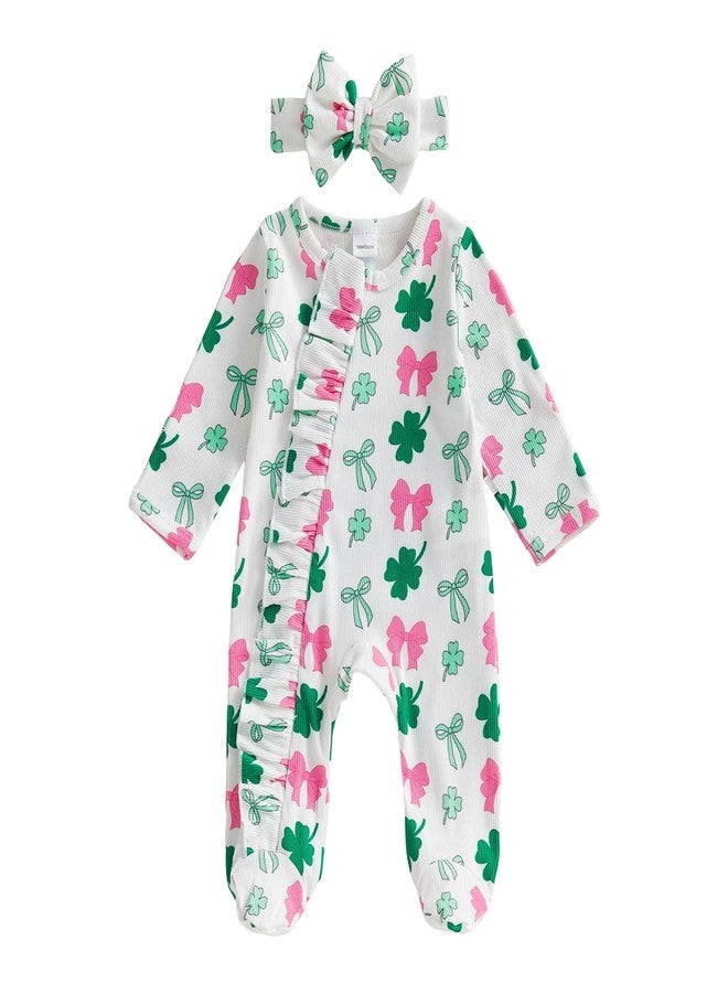 Socutebabe طقم ملابس Socutebabe لعيد القديس باتريك الأول للرضع، جمبسوت للأطفال حديثي الولادة مزين بفيونكة على شكل زهرة البرسيم، جمبسوت للأطفال حديثي الولادة مزين بكشكشة وسحاب (أبيض، حديثي الولادة) - Image 1