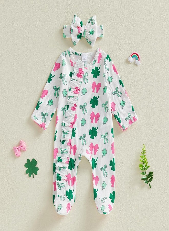 Socutebabe طقم ملابس Socutebabe لعيد القديس باتريك الأول للرضع، جمبسوت للأطفال حديثي الولادة مزين بفيونكة على شكل زهرة البرسيم، جمبسوت للأطفال حديثي الولادة مزين بكشكشة وسحاب (أبيض، حديثي الولادة) - Image 3
