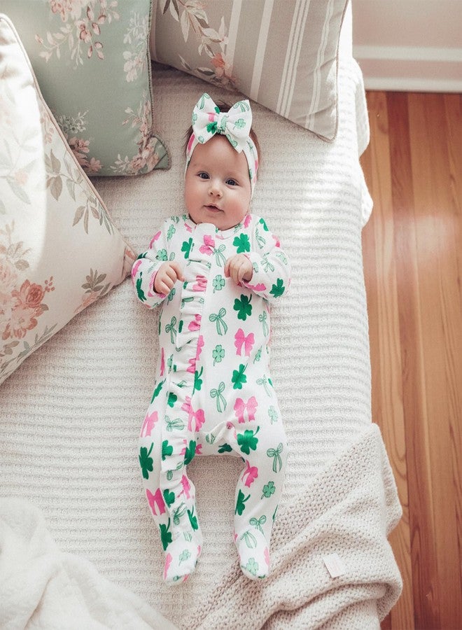 Socutebabe طقم ملابس Socutebabe لعيد القديس باتريك الأول للرضع، جمبسوت للأطفال حديثي الولادة مزين بفيونكة على شكل زهرة البرسيم، جمبسوت للأطفال حديثي الولادة مزين بكشكشة وسحاب (أبيض، حديثي الولادة) - Image 2