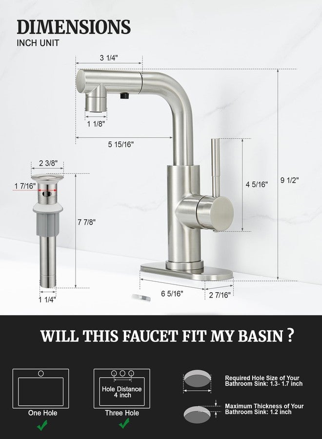 Ultimate Unicorn Brushed Nickel Single Handle Modern Bathroom Faucet with Pull Out Sprayer, 15.5" Retractable Hose, 360 Swivel Spout, Pop Up Drain, Stainless Steel, 1 Hole Installation - Image 5