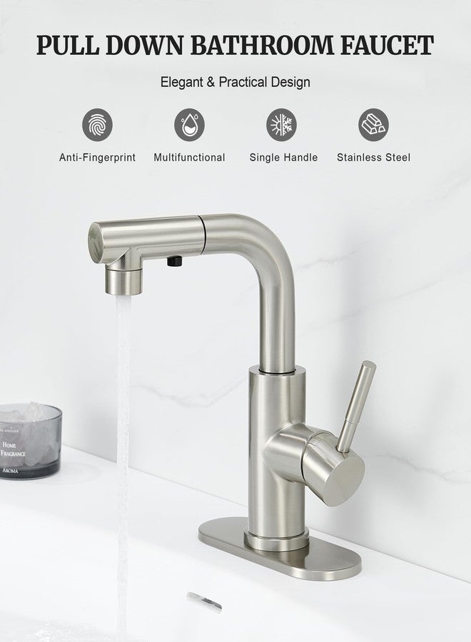 Ultimate Unicorn Brushed Nickel Single Handle Modern Bathroom Faucet with Pull Out Sprayer, 15.5" Retractable Hose, 360 Swivel Spout, Pop Up Drain, Stainless Steel, 1 Hole Installation - Image 2