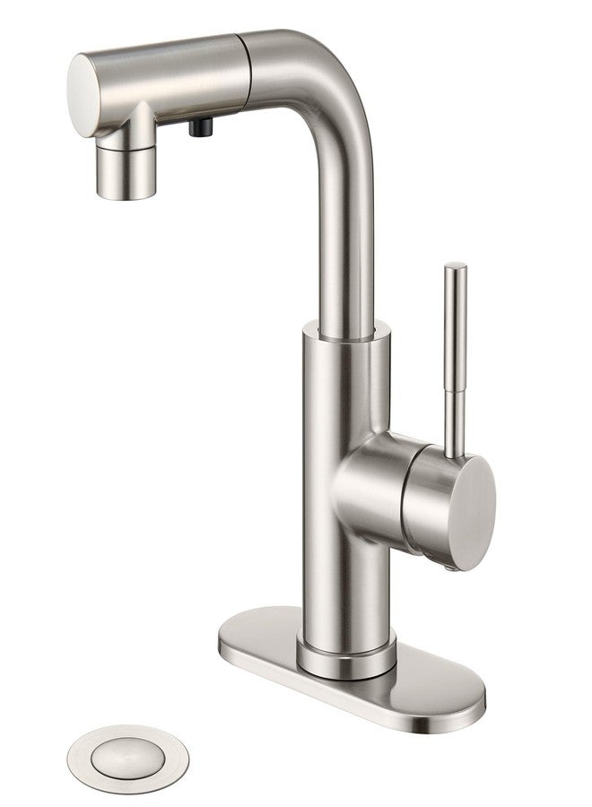 Ultimate Unicorn Brushed Nickel Single Handle Modern Bathroom Faucet with Pull Out Sprayer, 15.5" Retractable Hose, 360 Swivel Spout, Pop Up Drain, Stainless Steel, 1 Hole Installation - Image 1
