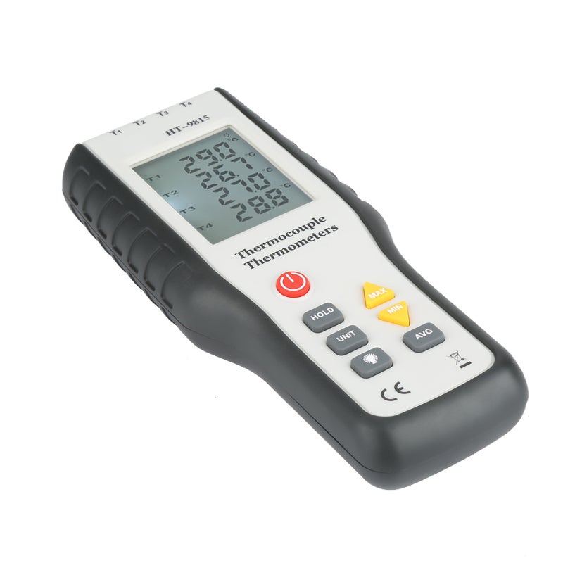 HTI 4-Channel Thermocouple Thermometer: 200*85*39mm White Handheld Portable Design - Backlit Digital LCD Display Multi-Unit Temperature Conversion for Industrial Testing & Professional Measurement - Image 3