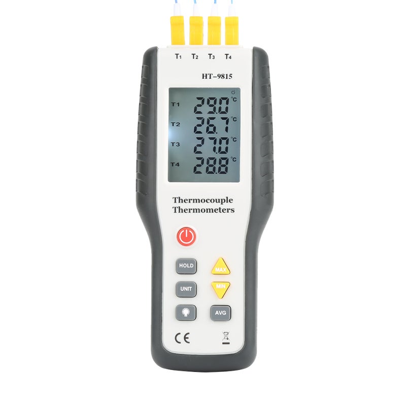 HTI 4-Channel Thermocouple Thermometer: 200*85*39mm White Handheld Portable Design - Backlit Digital LCD Display Multi-Unit Temperature Conversion for Industrial Testing & Professional Measurement - Image 2