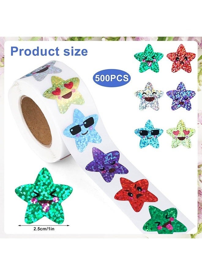 Smiling Star Stickers, 1000 pcs 1 Inch Small Star Stickers Roll Self Adhesive Glitter Sparkly Foil Star Holographic Stickers for Kid School Classroom Teacher Reward Decoration Crafts Supplies (2PACK) - Image 2