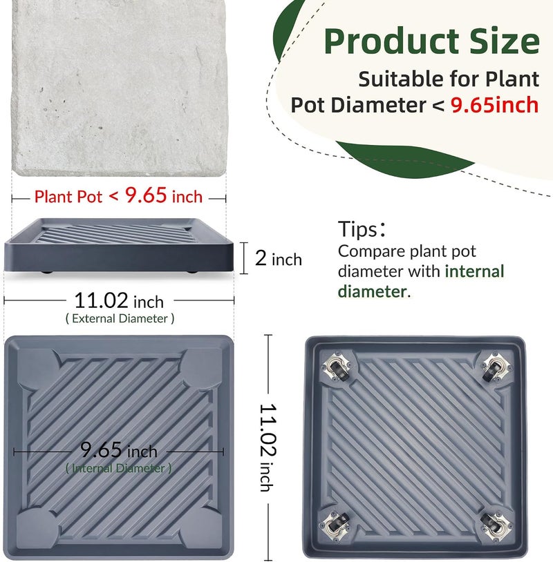 TERRIFI 2PCS Square Plant Caddy with Hidden Wheels, Rolling Plant Stand, Heavy Duty Plant Dolly with Wheels, Pot Base for Indoor and Outdoor Plants, Durable and Easy to Move, 11 Inches (Gray) - Image 5
