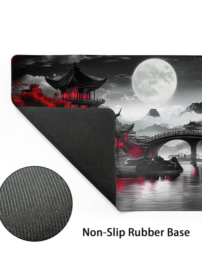 aportt Japanese Mouse Pad Riverside Full Moon Extended Desk Mat Black Red Large XL Mousepad Non-Slip Rubber Base Stitched Edge Long Keyboard Pad for Desk Gaming Laptop Desktop, 30cm x 70cm x 2mm  - Image 2