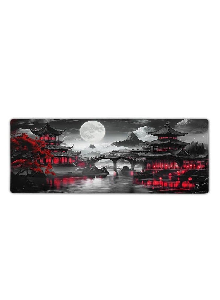 aportt Japanese Mouse Pad Riverside Full Moon Extended Desk Mat Black Red Large XL Mousepad Non-Slip Rubber Base Stitched Edge Long Keyboard Pad for Desk Gaming Laptop Desktop, 30cm x 70cm x 2mm  - Image 4