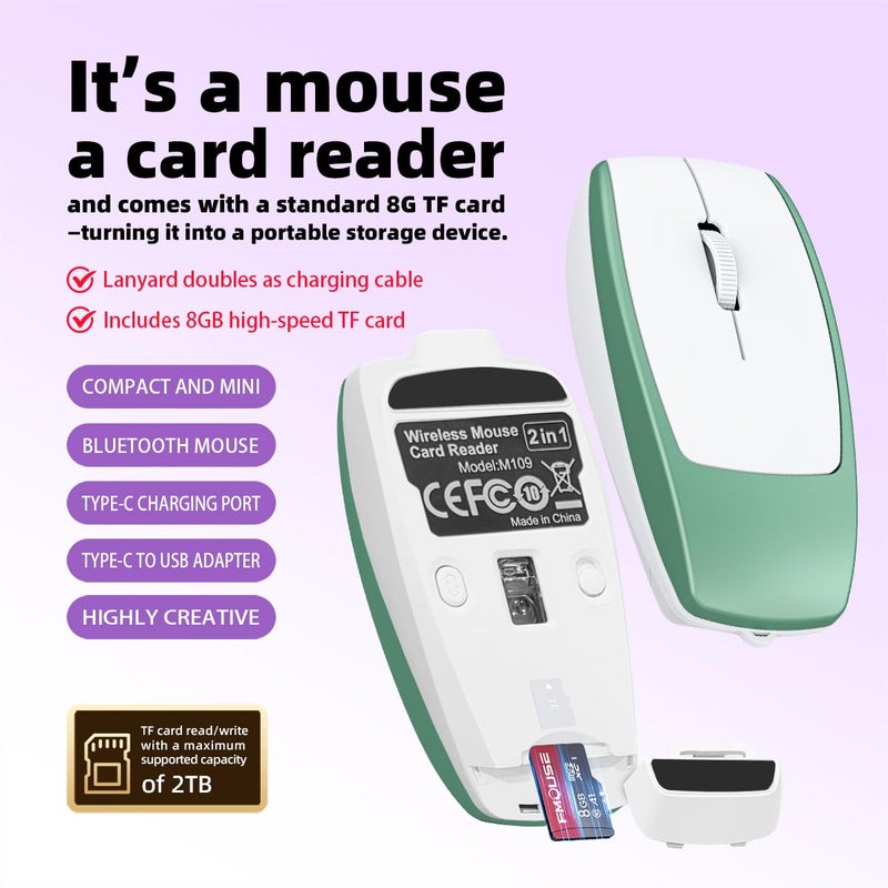 FMOUSE Mini 2-in-1 Wireless Bluetooth Mouse & TF Card Reader - 8GB TF Card Included, Type-C to USB Adapter, Rechargeable, Ultra-Compact (78Ã—38Ã—22mm), Perfect for Travel, Office & On-The-Go, Green - Image 2