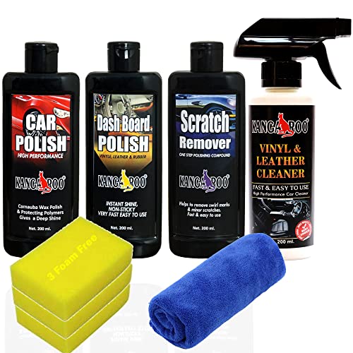 Kangaroo® Car Care Kit (Car Polish, Dashboard Polish, Scratch Remover, Car Interior Cleaner (Vinyl Leather) 200 ML Each with 3 Foam Applicator and 1 Microfiber Towel - Save Your TIME - Image 1