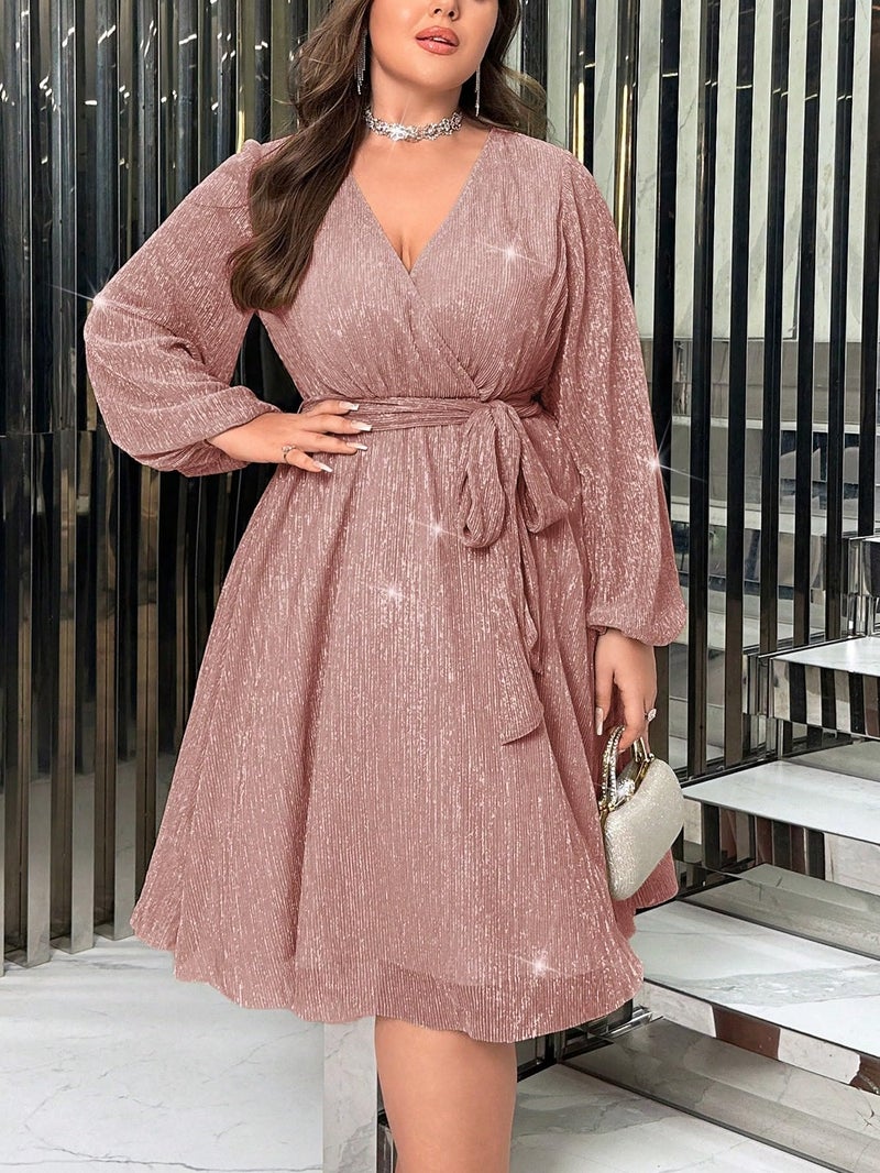 RED DOT BOUTIQUE 876 - Plus Size Elegant Lantern Long Bishop Sleeve Cocktail Dress with Waist Ties (Dusty Pink, 1X) - Image 2