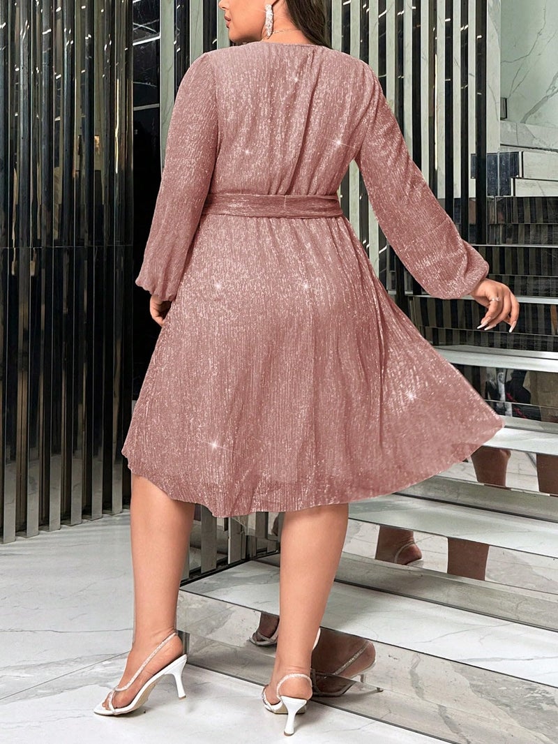 RED DOT BOUTIQUE 876 - Plus Size Elegant Lantern Long Bishop Sleeve Cocktail Dress with Waist Ties (Dusty Pink, 1X) - Image 5