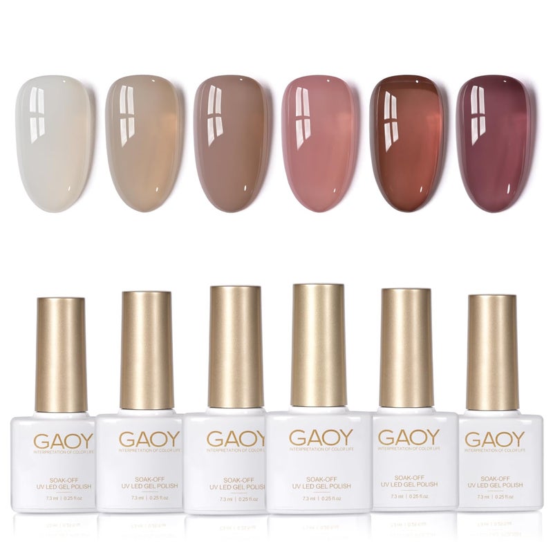 GAOY Jelly Brown White Gel Nail Polish Set 6 Translucent Colors Sheer Pink Maroon Soak Off UV Light Cure Gel Polish Kit for Salon and Nail Art DIY at Home