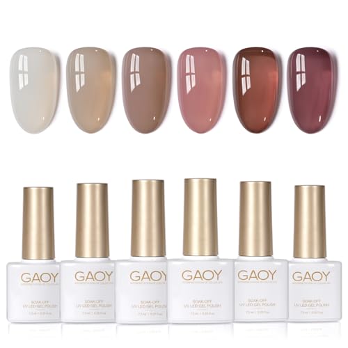 GAOY Jelly Brown White Gel Nail Polish Set, 6 Translucent Colors Sheer Pink Maroon Soak Off UV Light Cure Gel Polish Kit for Salon and Nail Art DIY at Home - Image 1