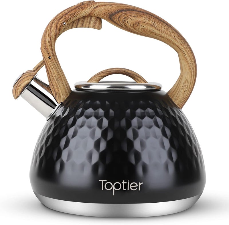 toptier Tea Kettle, Teapot Whistling Kettle with Wood Pattern Handle Loud Whistle, Food Grade Stainless Steel Tea Pot for Stovetops Induction Diamond Design Water Kettle, 2.7-Quart Black - Image 1