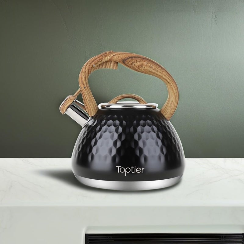 toptier Tea Kettle, Teapot Whistling Kettle with Wood Pattern Handle Loud Whistle, Food Grade Stainless Steel Tea Pot for Stovetops Induction Diamond Design Water Kettle, 2.7-Quart Black - Image 5