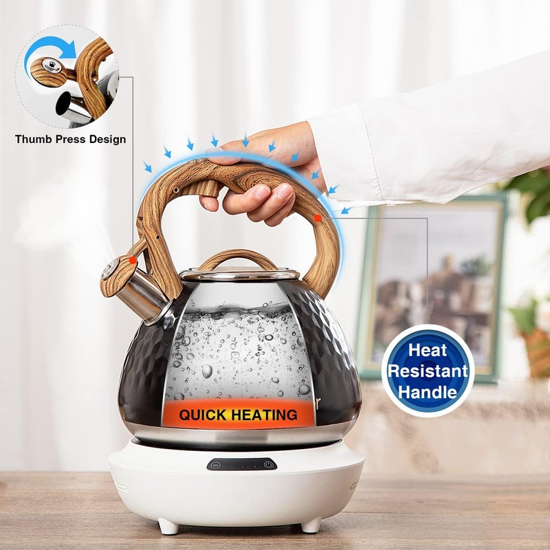 toptier Tea Kettle, Teapot Whistling Kettle with Wood Pattern Handle Loud Whistle, Food Grade Stainless Steel Tea Pot for Stovetops Induction Diamond Design Water Kettle, 2.7-Quart Black - Image 3