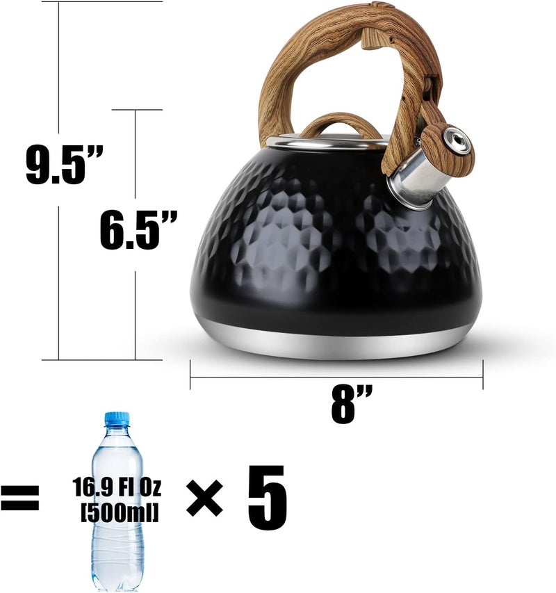 toptier Tea Kettle, Teapot Whistling Kettle with Wood Pattern Handle Loud Whistle, Food Grade Stainless Steel Tea Pot for Stovetops Induction Diamond Design Water Kettle, 2.7-Quart Black - Image 2
