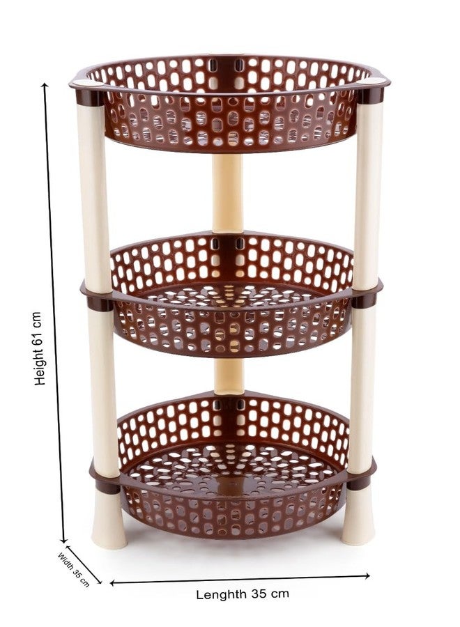 SHRUTI Multipurpose Plastic Trolley with Dish Rack for Kitchen Fruit Vegetable Storage Basket Organizer Stand Kitchenware Food, Snacks 3 Layer Multi-Purpose Step Shelf Round Rack (Brown) - Image 2