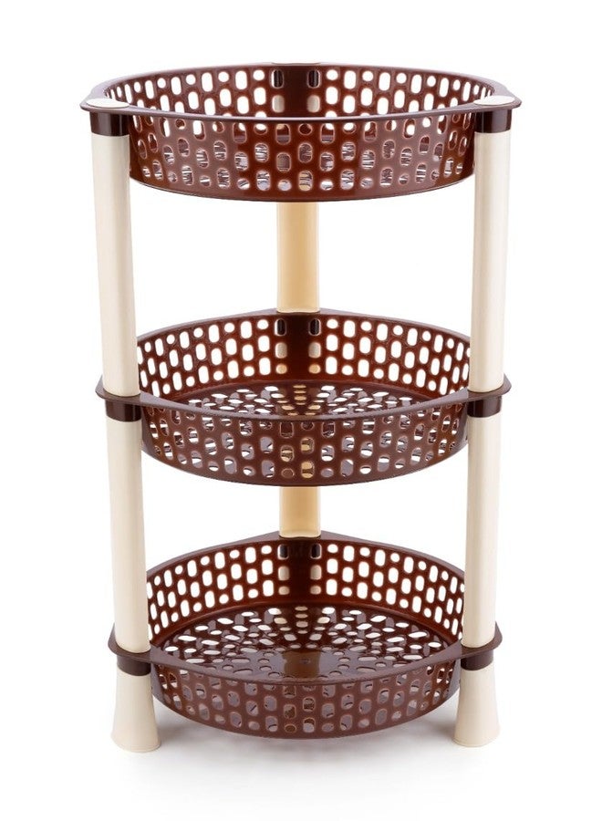 SHRUTI Multipurpose Plastic Trolley with Dish Rack for Kitchen Fruit Vegetable Storage Basket Organizer Stand Kitchenware Food, Snacks 3 Layer Multi-Purpose Step Shelf Round Rack (Brown) - Image 1