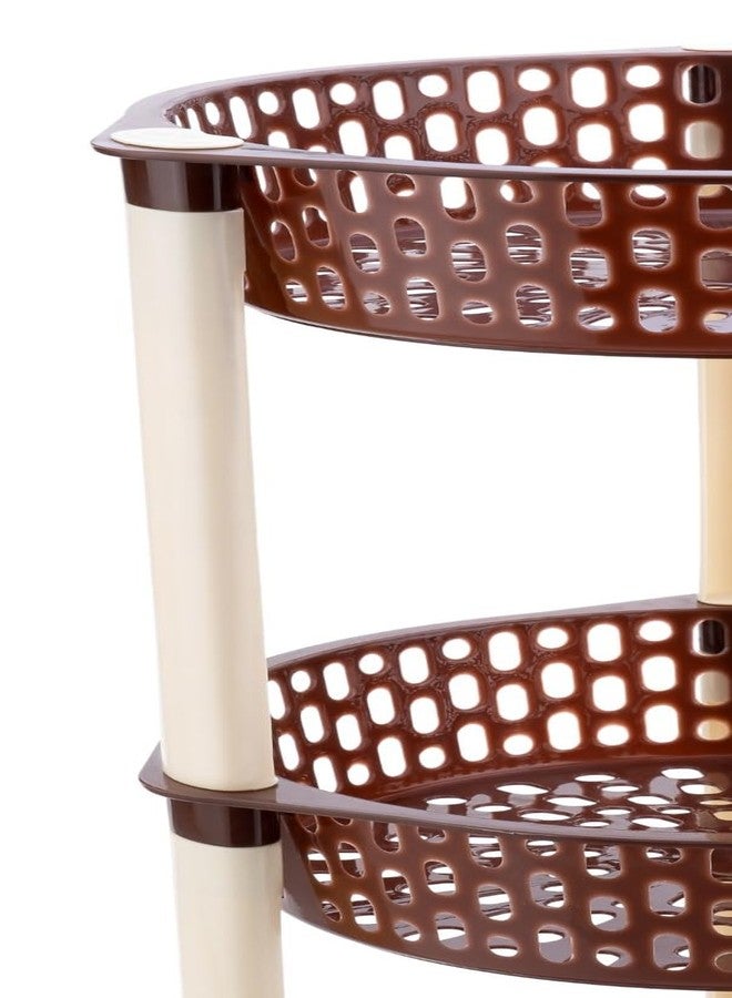 SHRUTI Multipurpose Plastic Trolley with Dish Rack for Kitchen Fruit Vegetable Storage Basket Organizer Stand Kitchenware Food, Snacks 3 Layer Multi-Purpose Step Shelf Round Rack (Brown) - Image 4