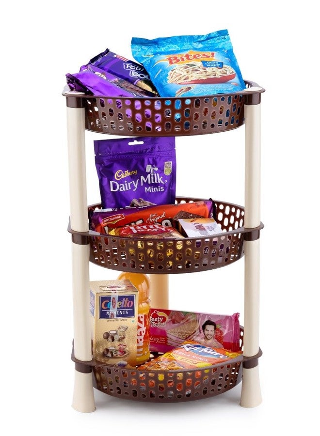 SHRUTI Multipurpose Plastic Trolley with Dish Rack for Kitchen Fruit Vegetable Storage Basket Organizer Stand Kitchenware Food, Snacks 3 Layer Multi-Purpose Step Shelf Round Rack (Brown) - Image 3