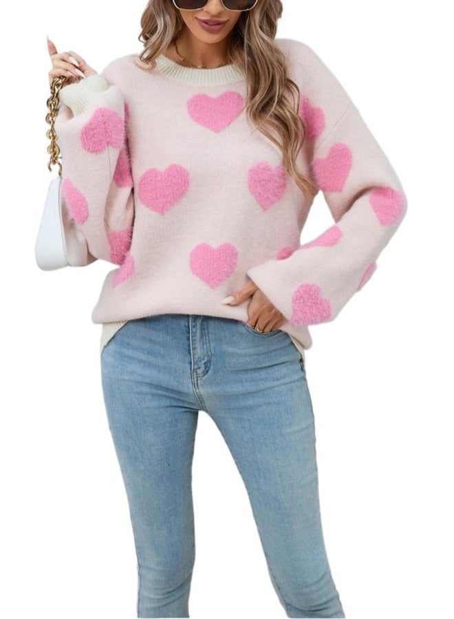 TYHOTULY Women's Cute Heart Sweater Valentine's Love Graphic Color Block Fuzzy Knitted Pullover Tops Trendy Kawaii Clothes, A Apricot, M - Image 1