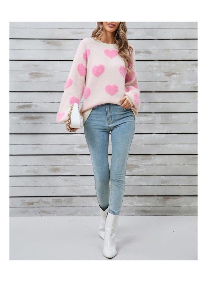 TYHOTULY Women's Cute Heart Sweater Valentine's Love Graphic Color Block Fuzzy Knitted Pullover Tops Trendy Kawaii Clothes, A Apricot, M - Image 3